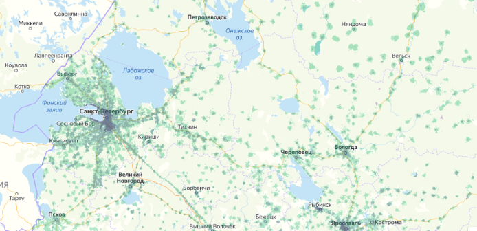 Зона покрытия МТС на карте Магадан 